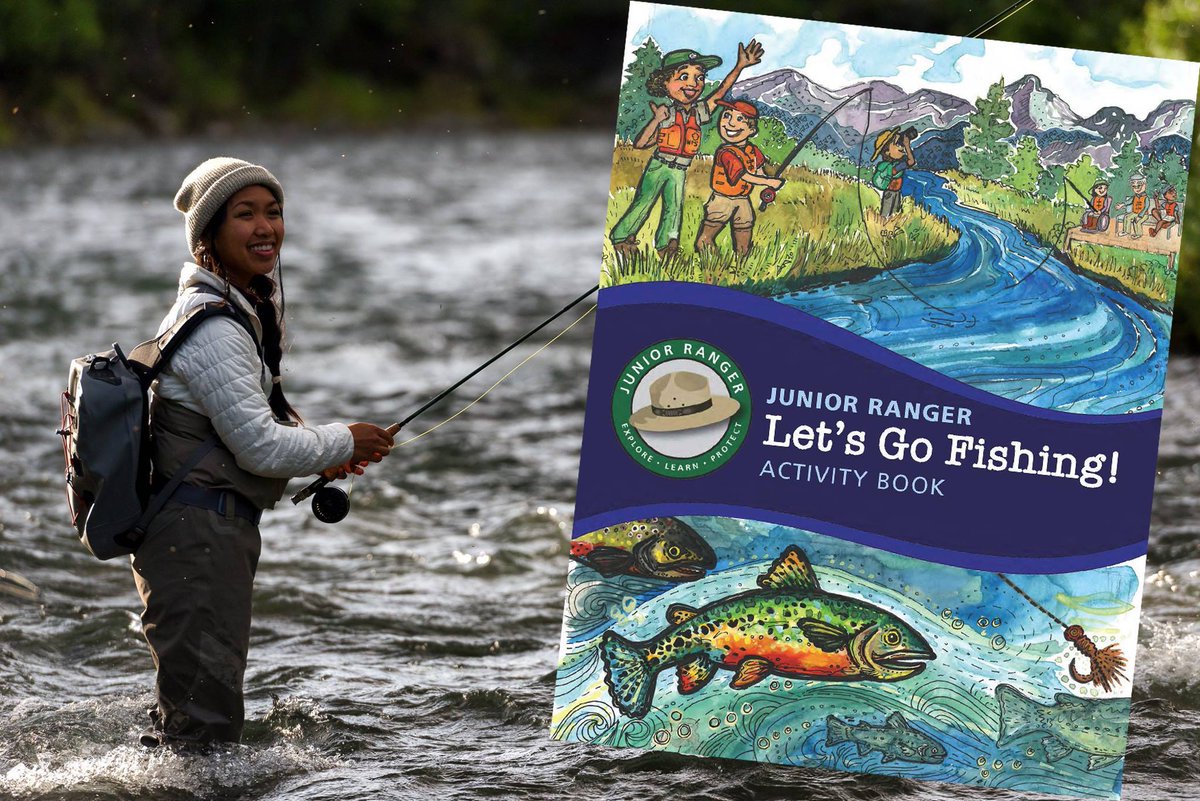 A female angler stands in a river with a graphic of the cover of the Junior Ranger "Lets Go Fishing" activity book