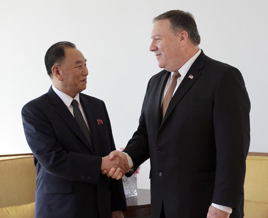 Kim Yong Chol, former North Korean military intelligence chief and one of Kim Jong Un's closest aides, left, and U.S. Secretary of State Mike Pompeo p