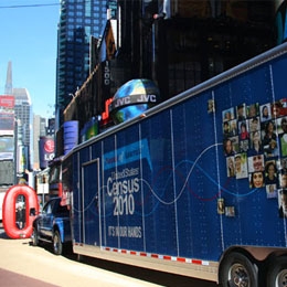 The 2010 Census Portrait of America Road Tour national vehicle, nicknamed Mail it Back, visited New York City's Times Square.