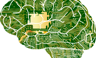 Image of brain with computer motherboard in it