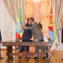 Abiy and Isaias embrace after signing the Joint Declaration of Peace and Friendship.