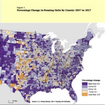 Map showing percent change in housing units by county.