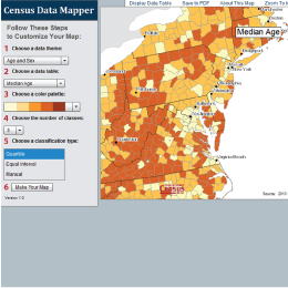 The Census Data Mapper is a web mapping application providing a simple interface to view, save and print county-based demographic maps of the US.