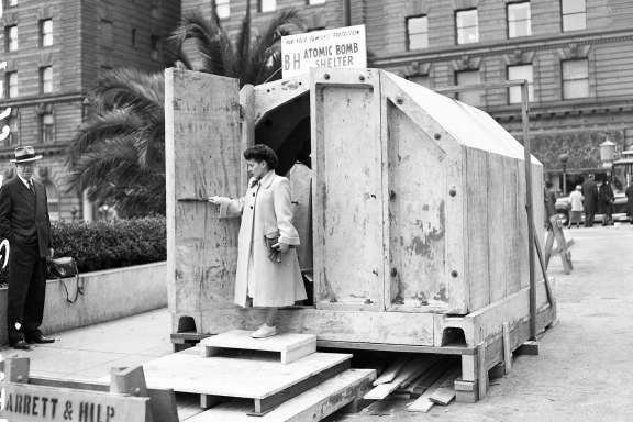 April 2, 1951: An atomic bomb shelter is on display in Union Square in San Francisco.
