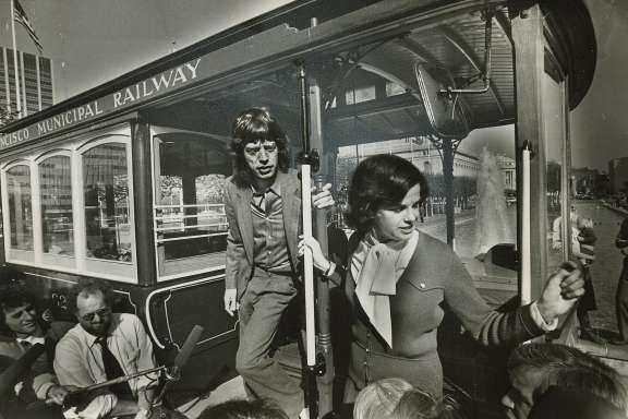 October 20, 1981- Mayor Feinstein and Mick Jagger on cable car in San Francisco for Save The Cable Cars Promo.

Steve Ringman/The Chronicle
