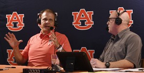 Auburn coach Gus Malzahn talks to radio host Rod Bramblett during "Tiger Talk" earlier this season. (Todd Van Emst/Auburn Athletics)