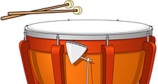 Timpani, or kettledrum, and drumsticks. Musical instrument, percussion instrument, drumhead, timpany, tympani, tympany, membranophone, orchestral instrument.