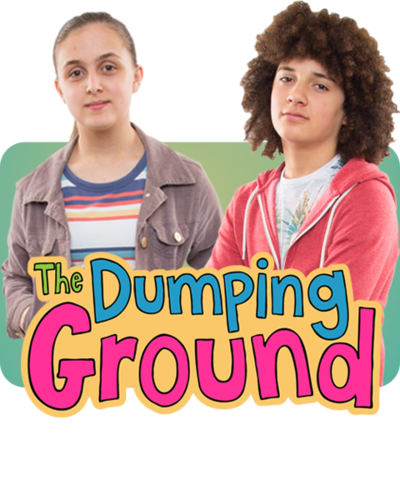 Jodi and Tyler from The Dumping Ground on a green background in front of the logo.