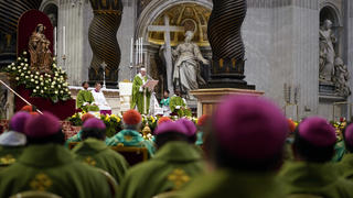 Pope Francis delivers his speech during a Mass for the closing of the synod of bishops in St. Peter's Basilica at the Vatican, Sunday, Oct. 28, 2018. (AP Photo/Andrew Medichini)
            