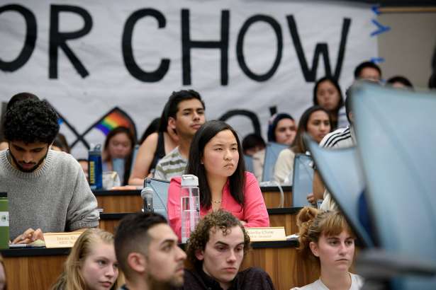 Student senator Isabella Chow listens to speakers during an Associated Students of the University of California meeting held at the University of California in Berkeley, Calif, on Wednesday November 7, 2018. Chow is facing backlash for abstaining from a resolution condemning the Trump administration's anti-LGBTQ actions in new Title IX regulations.