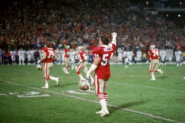 SAN FRANCISCO - DECEMBER 3: Linebacker Matt Millen #54 of the San Francisco 49ers celebrates during a game against the New York Giants at Candlestick Park on December 3, 1990 in San Francisco, California. The 49ers won 7-3.