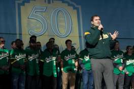A's President David Kaval speaks to the crowd during Oakland Athletics Fan Fest at Jack London Square on Saturday, Jan. 27, 2018 in Oakland, Calif.