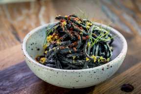 The chilled Squid Ink Noodles at Octavia in San Francisco, Calif., are seen on June 12th, 2015.