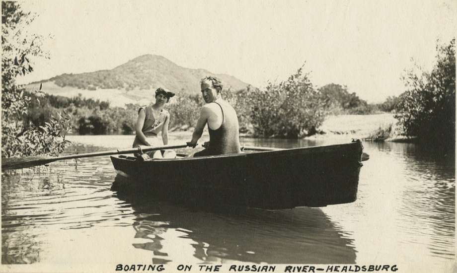Caption: "Boating on the Russian River - Healdsburg," c. 1915, shows Grace and William McCarthy in a row boat on the Russian River at Healdsburg.
“McCarthy Album 07, Photograph 301,” California State Archives Exhibits, accessed October 3, 2018 Photo: © 2017 By The California State Archives, A Division Of The Secretary Of State’s Office. Contact The Owner For More Information At ArchivesWeb@sos.ca.gov Or (916) 653-2246.