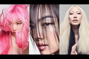 Asian woman with pink hair in front of grey background; Asian woman with black hair in front of grey background; Asian woman with blonde hair in front of grey background
