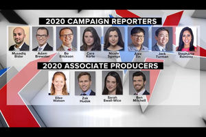 Portraits of Latinx, Asian and White women and men in front of grey and blue backgrounds set in front of red and white and blue graphic background and underneath black bars with white text spelling "2020 CAMPAIGN REPORTERS" and "2020 ASSOCIATE PRODUCERS"