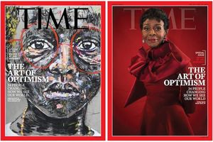 Nelson Makamo and Cicely Tyson. Greyscale illustration of black child in red glasses behind black text reading "TIME" and white text; Black woman in red outfit in front of red background and red text that spells "TIME" and white text