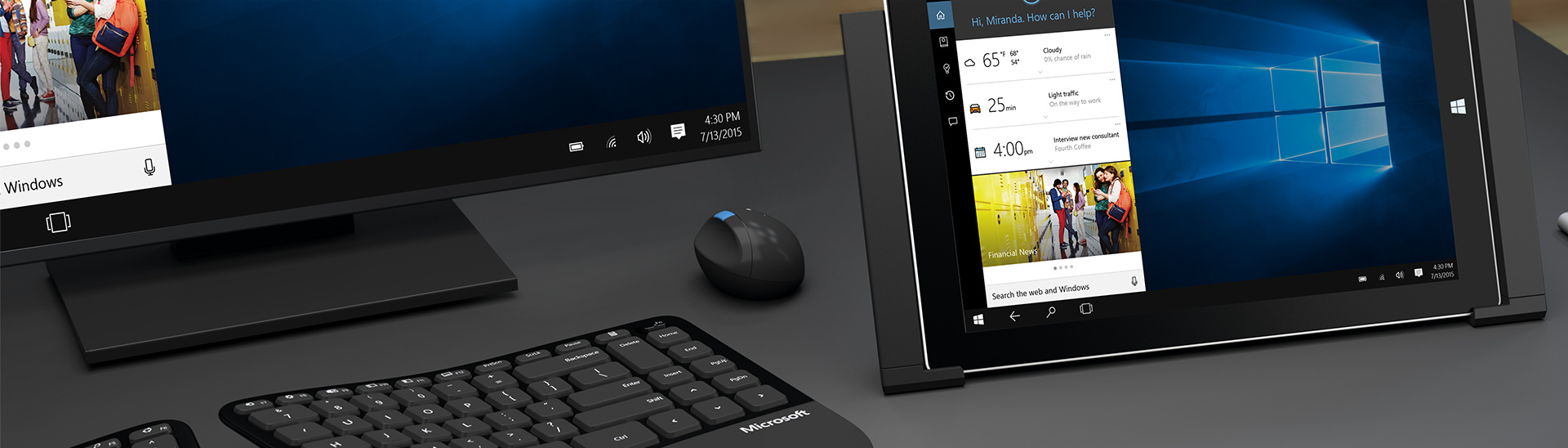 Promotional image of Microsoft desktop, keyboard, mouse, and tablet