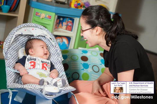 By the age of 2 months, a baby should begin to smile at people. Learn more about important developmental milestones for children at our Learn the Signs. Act Early. website.