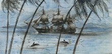 Drawing of a sailing ship near an island with dolphins and birds