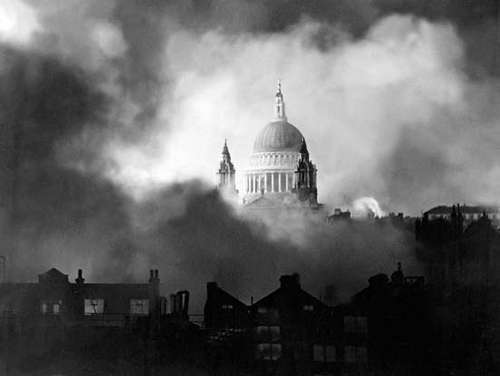 The dome of St. Paul's Cathedral in London, visible through smoke generated by German incendiary bombs, Dec. 29, 1940.