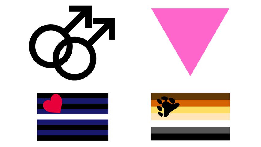 Interlocking male symbols (top left): Two interlocking male gender symbols, the singular of which is borrowed from the astrological sign for Mars, have represented gay men since the 1970s.

Pink triangle (top right): The pink triangle was originally used as a Nazi concentration camp badge to identify homosexual men during World War II. An estimated 5,000 to 15,000 gay men were incarcerated in concentration camps, and while the exact death rate is unknown, scholar Ruediger Lautmann believes it could have been as high as 60%.

Today, however, the symbol has been reclaimed as a symbol of Pride and fighting oppression. After the AIDS Coalition to Unleash Power (ACT-UP) was founded in 1987, it used an inverted pink triangle as its logo.

Leather pride flag (bottom left): Tony DeBlase presented the design for this flag in 1989, at the Mr. Leather contest in Chicago. It celebrates the subculture that centers around the practices and styles of dress, particularly leather, for sexual activities.

"The flag is composed of nine horizontal stripes of equal width. From the top and from the bottom, the stripes alternate black and royal blue. The central stripe is white. In the upper left quadrant of the flag is a large red heart. I will leave it to the viewer to interpret the colors and symbols," DeBlase said.

International Bear Brotherhood Flag (bottom right): "Bear" is an affectionate slang term for rugged gay men who often exhibit body hair and can be heavyset (though this isn't always the case). Craig Byrnes introduced this flag in 1996 to celebrate this subculture. The colors represent fur colors and nationalities of bears throughout the world.