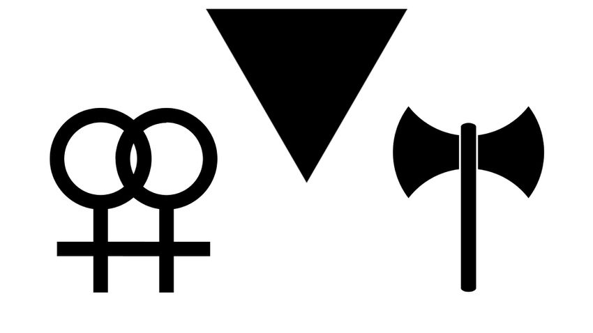 Interlocking female symbols (left): Two interlocking female gender symbols, the singular of which is borrowed from the astrological sign of Venus, began representing the lesbian community in the 1970s. The symbols once also represented feminism and the sisterhood of women, so three interlocking symbols are sometimes used to distinguish feminist pride.

Black triangle (center): While Paragraph 175, the German statute that criminalized sexual acts between men, did not include lesbians, a black triangle denoted "asocial women" in concentration camps. This included feminists, lesbians, prostitutes and women who refused to bear children.

Like the pink triangle for gay men, the black triangle has become a source of pride and solidarity among lesbians.

Labrys (right): The labrys, or double-bladed battle axe, is associated with ancient matriarchal societies, the Amazons and the Greek goddess Demeter. It is now a symbol of lesbian strength and independence.