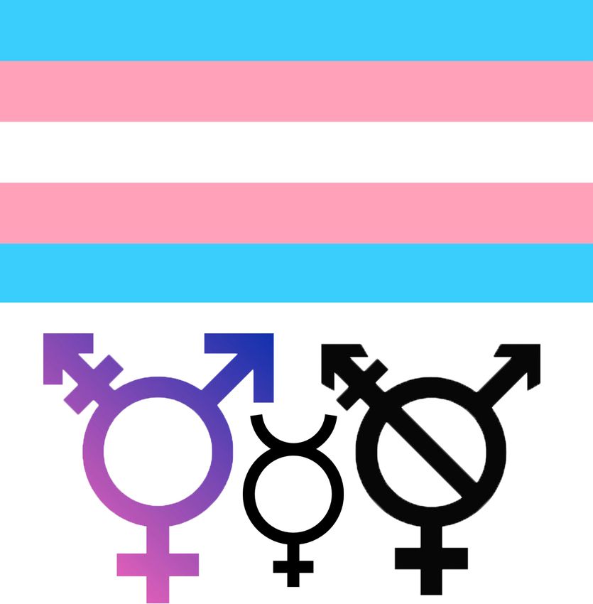 Transgender pride flag (top): The transgender pride flag was created by Monica Helms in 1999, and was first flown at a Pride parade in Phoenix, Arizona in 2000. The light blue stripes signify the traditional color for baby boys, while the soft pink stripes signify the traditional color for baby girls. The white stripe signifies those who are intersex, transitioning or who identify with a neutral or undefined gender.

"The pattern is such that no matter which way you fly it, it is always correct, signifying us finding correctness in our lives," Helms told the Huffington Post.

Transgender symbol, first version (bottom left): This symbol combines and modifies elements of the male and female gender symbols, with a combined symbol jutting from the top left. Denise Leclair, executive director of the International Foundation for Gender Education (IFGE), said the symbol was created by Nancy Nangeroni, Holly Boswell and Wendy Pierce of the IFGE.

Transgender symbol, version two (bottom right): This version of the transgender symbol includes a strikethrough in the center, to include those who don't identify as male or female.

Mercury astrological sign (bottom center): The transgender community adopted this symbol for its hermaphroditic meaning.
