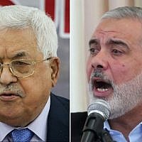 Palestinian Authority President Mahmoud Abbas (left) and Hamas leader Ismail Haniyeh (Flash90, Said Khatib/AFP)