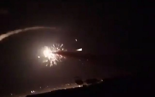 Illustrative. A screenshot from video on social media purporting to show airstrikes near Damascus on December 25, 2018. (Screen capture: Twitter)