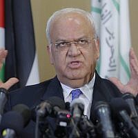 Saeb Erekat speaks during a press conference in the West Bank city of Ramallah, on September 11, 2018. (AP Photo/Nasser Shiyoukhi)