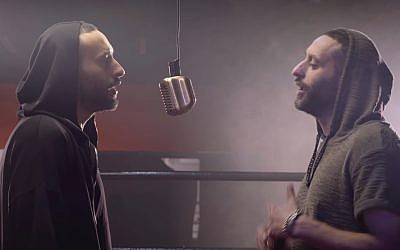 Arab-Israeli rapper Tamer Nafar  argues with himself over voting in the music video "Tamer must vote," released on April 3, 2019. (YouTube screenshot)