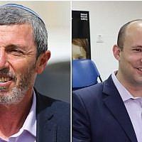 (L) URWP chairman Rafi Peretz seen outside a voting station in Sderot on April 9, 2019. (Flash90), (R) New Right co-chairman Naftali Bennett casts his ballot in Ra'anana on April 9, 2019. (Education Ministry)