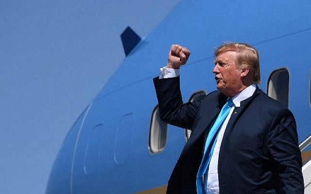 US President Donald Trump pumps his fist as he steps off Air Force One upon arrival at Ellington Field Joint Reserve Base in Houston, Texas, on April 10, 2019. (Photo by Jim WATSON / AFP)