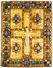 Book cover of the Lindau Gospels (MS. M. 1), chased gold with pearls and precious stones, depicting Jesus on the cross and the Evangelists, Carolingian, c. 880; in the Pierpont Morgan Library, New York City.