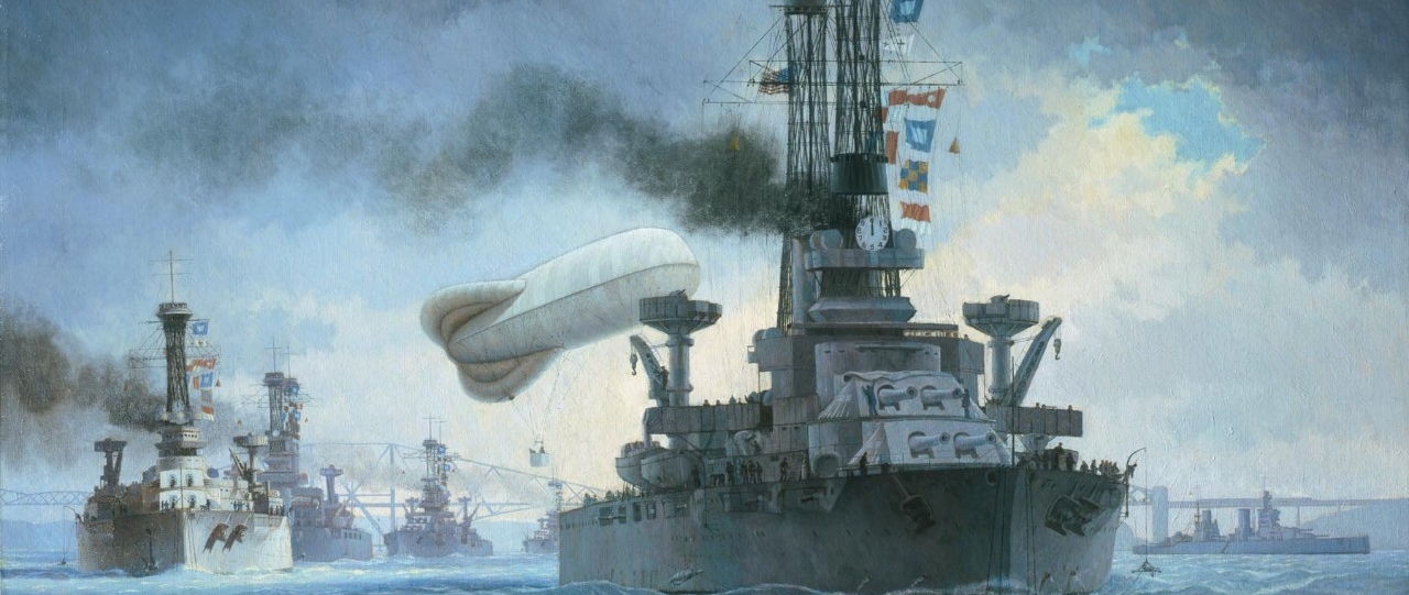 The Sixth Battle Squadron of the Grand Fleet Leaving the Firth of Forth; oil on canvas by Burnell Poole, 1928; Navy Art Collection 2003-118-01