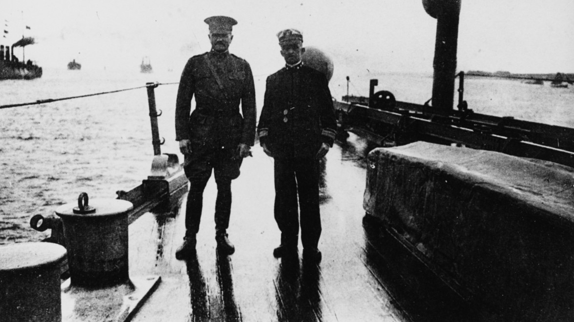 General John J. Pershing and Rear Admiral Albert Gleaves on the deck of USS Seattle in the harbor of Brest, 1918. Courtesy of CDR. D.J. Robinson, USN (RET), 1981, NH 91822.