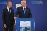 U.S. President Donald Trump (right) delivers a speech with NATO Secretary-General Jens Stoltenberg at NATO headquarters in Brussels on May 25, 2017.  (Mandel Ngan/AFP/Getty Images)