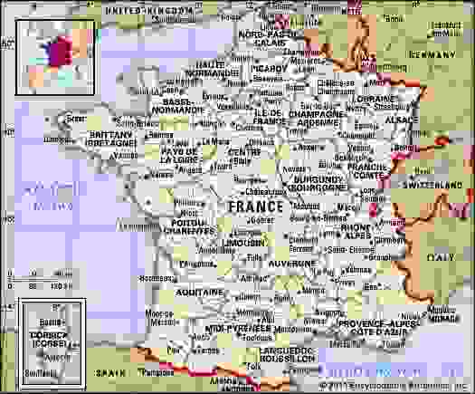 France. Political map: boundaries, cities. Includes locator.