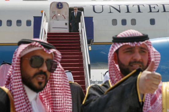 U.S. Secretary of State Mike Pompeo exits a plane upon his arrival in Jeddah, Saudi Arabia, on June 24. JACQUELYN MARTIN/AFP/Getty Images