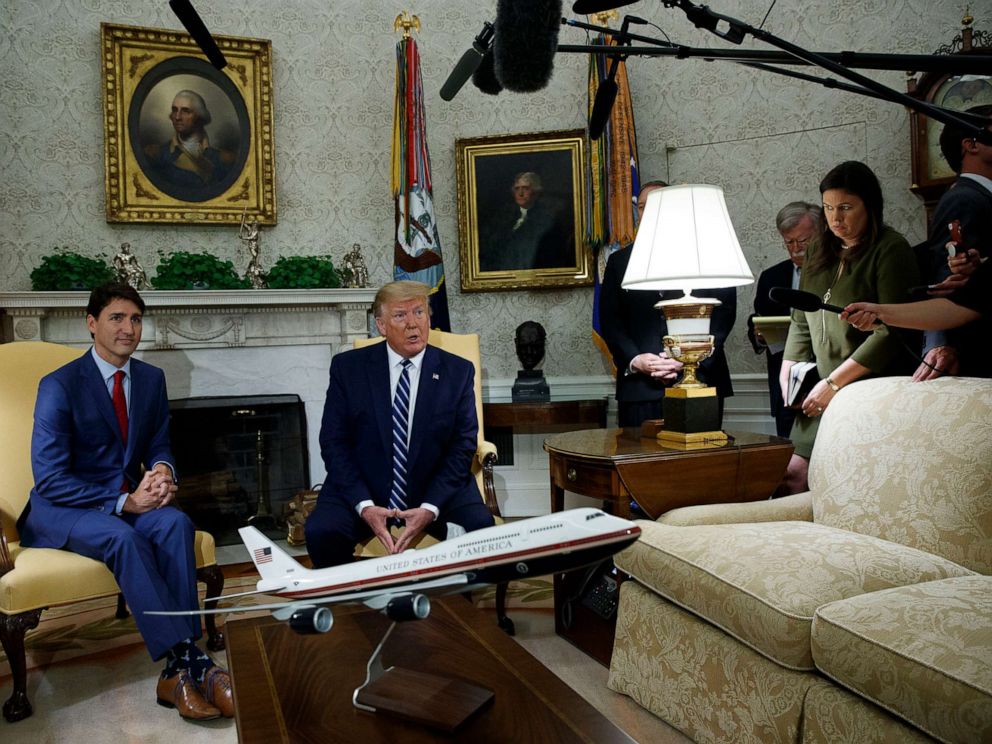 PHOTO: President Donald Trump meets with Canadian Prime Minister Justin Trudeau in the Oval Office of the White House on June 20, 2019, in Washington.
