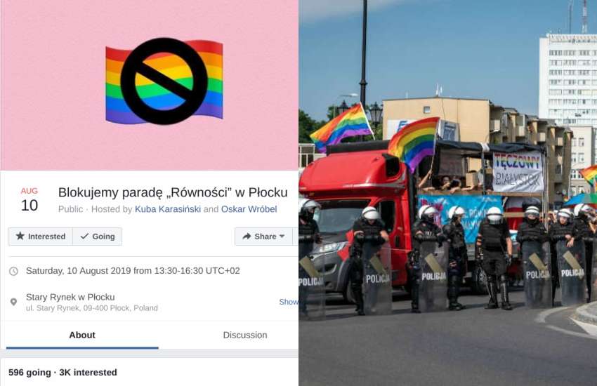 A Facebook event page detailing the next planned protest (left) following a potent Pride in Poland last weekend | Picture: Facebook / Twitter (K. Kadziewicz)