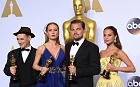 (L-R) Best Supporting Actor Mark Rylance, Best Actress Brie Larson, Best Actor Leonardo DiCaprio and Best Supporting Actress Alicia Vikander pose with their Oscar in the press room during the 88th Oscars in Hollywood 