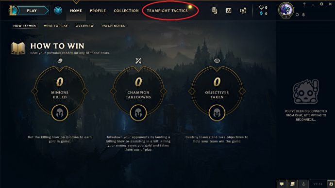 Teamfight tactics client with Teamfight Tactics mode circled in red.