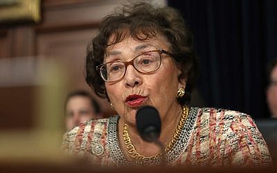 Rep. Nita Lowey, D-NY, a pro-Israel stalwart who chairs the powerful US House of Representatives Appropriations Committee, led the introduction of a bill to restore funding to Israeli-Palestinian dialogue groups. Pictured in Washington on April 9, 2019. (AP Photo/Andrew Harnik)