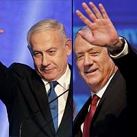 This combination picture created on September 18, 2019 shows, Benny Gantz (R), leader of the Blue and White political alliance, waving to supporters in Tel Aviv early on September 18, 2019, and Prime Minister Benjamin Netanyahu addressing supporters at his Likud party's electoral campaign headquarters in Tel Aviv early on September 18, 2019. (Emmanuel Dunand and Menahem Kahana / AFP)