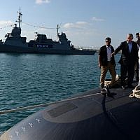 Benjamin Netanyahu touring the INS Tanin submarine, built by the German firm ThyssenKrupp, as it arrived in Israel on September 23, 2014. (Kobi Gideon/GPO/Flash90)