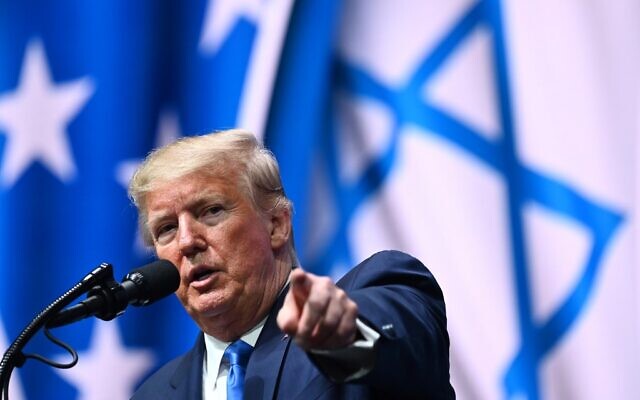 US President Donald Trump addresses the Israeli American Council National Summit 2019 at the Diplomat Beach Resort in Hollywood, Florida on December 7, 2019. (MANDEL NGAN / AFP)