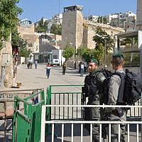 Illustrative: Border Police guard a station near the Tomb of the Patriarchs in Hebron, June 10, 2018. (Israel Police)