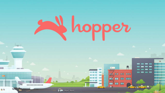 Hopper logo and illustration of airport with planes, taxis, and buildings